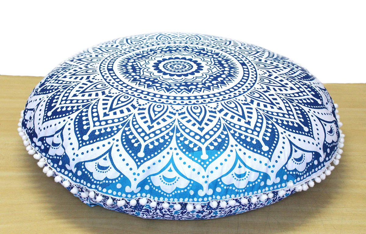 32" Large Round Bohemian Floor Pillow Cover Boho Pouf Cover Mandala Meditation Room Pillows Cover Adults Seating Poufs Cushion Cover for Kids Reading Playroom Blue Ombre (Blue Ombre)