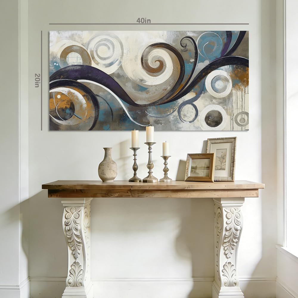 Teal Brown Swirl Geometric Canvas Wall Art Modern Abstract Painting Flat Print Gallery Wrapped Contemporary Artwork for Living Room Bedroom Bathroom Decor (Abstract / Blue Swirl 12 / 46"L x 23"W)