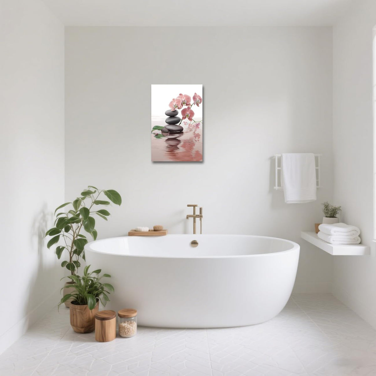 Zen Bathroom Wall Art Orchid Flower with Zen Stones Pictures Spa Painting Still Life Canvas Prints for Meditation Spiritual Room Decor Framed (Red / 36L" x 24W")