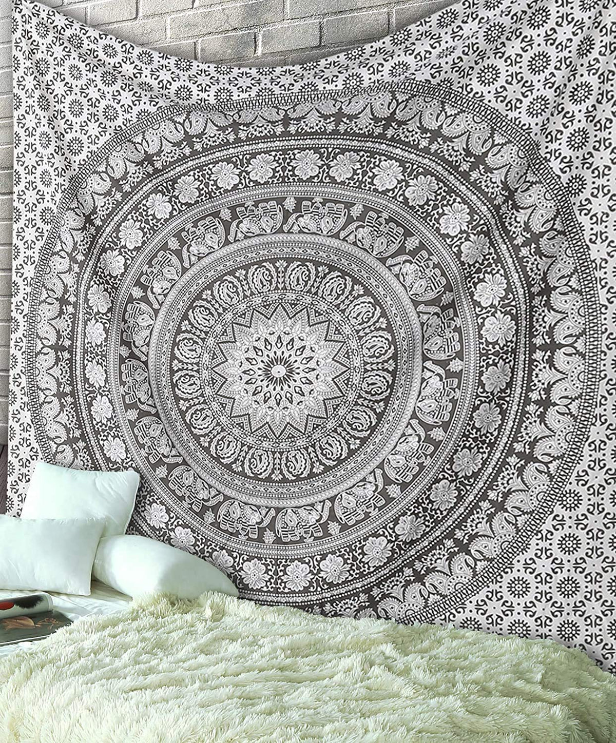 Cotton Pebble grey Tapestry for Bedroom Elephant Mandala Wall Hangings Large Indie Wall Tapestry Hippie Room Decor (Pebble grey / 90"L x 84"W)