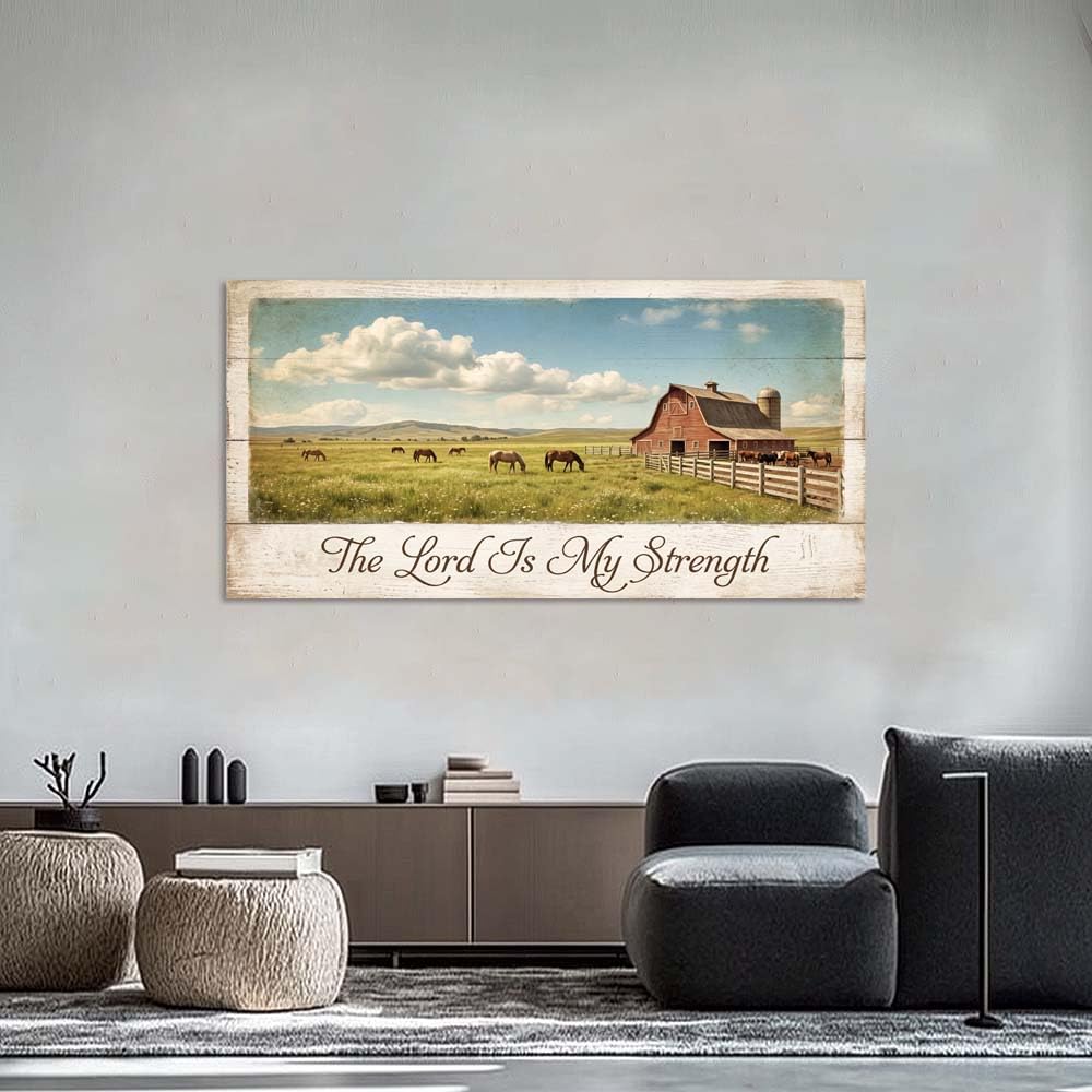 Rustic Countryside Horse Pasture Canvas Wall Art Red Barn Landscape Painting The Lord Is My Strength Christian Print Gallery Wrapped Farmhouse Nature Artwork for Living Room Bedroom Bathroom Decor (Abstract / White Barn Pasture 21 / 58"L x 28"W)