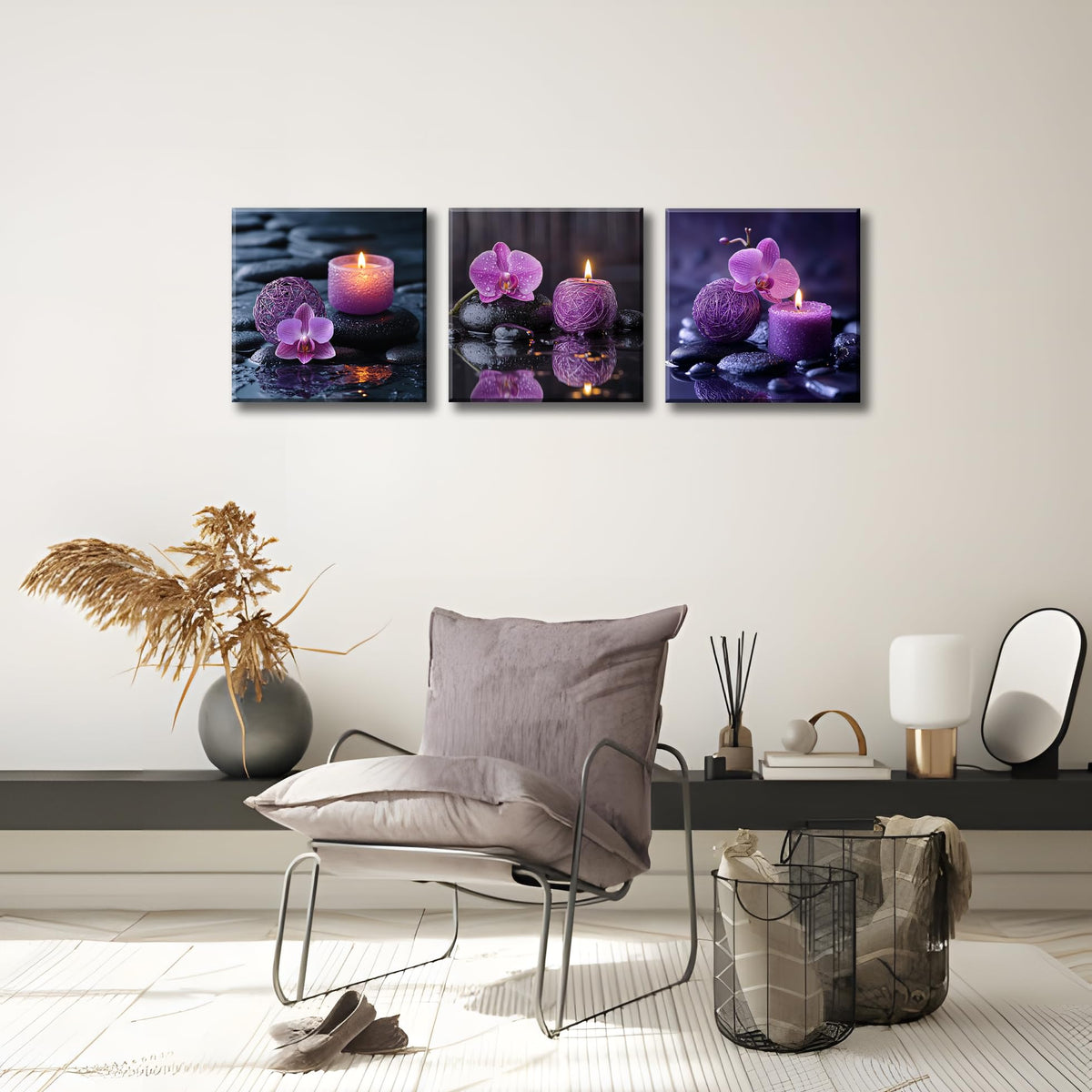 3PCS Zen Canvas Wall Art Purple Orchid Spa Decor Aromatherapy Candle Black Stone Prints Modern Meditation Room Decor Bathroom Yoga Studio Wall Pictures Relaxing Home Artwork Ready to Hang (12X12inchX3pcs / Serenity in Purple)