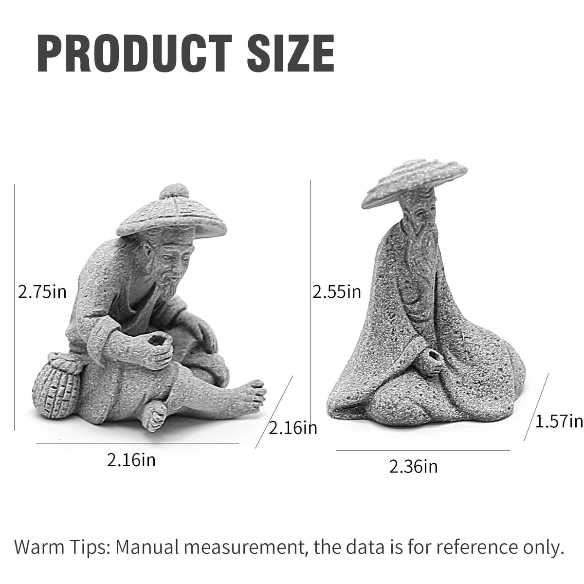 2PCS Sitting Fishing Figurines Sandstone Vintage Ornament Japanese Decor for Fish Tank Pot Garden Home Aquarium Mini Fisherman Statue Asian Zen Decoration (Medium Size)