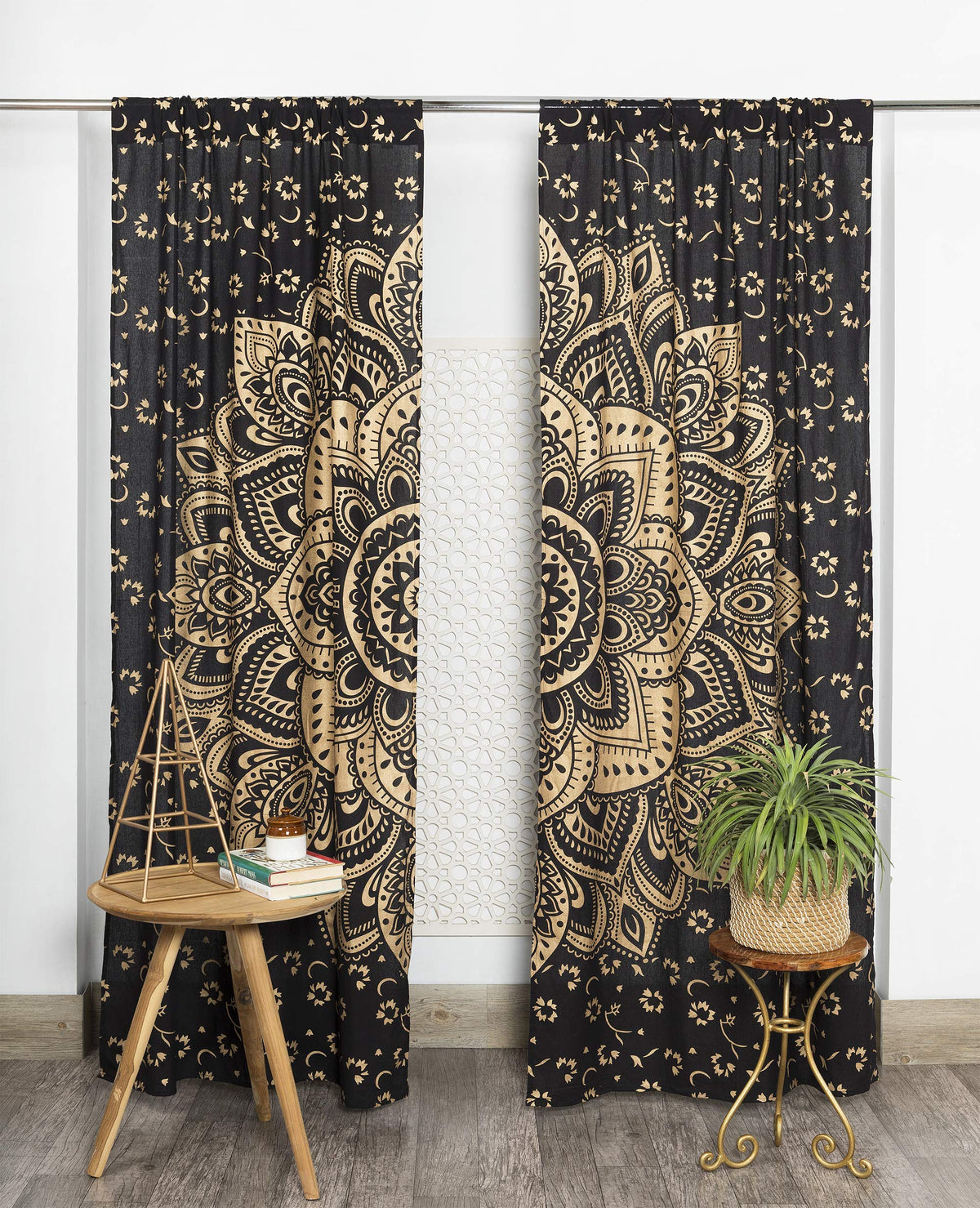 Printed Curtains for Living Room Set of 2 Indian Hippie Bohemian Beautiful Ombre Color Mandala Curtain for Bedroom Panels Black Gold 42 x 100 Inch (42"W x 100"L (Pack of 2) / Black Gold)