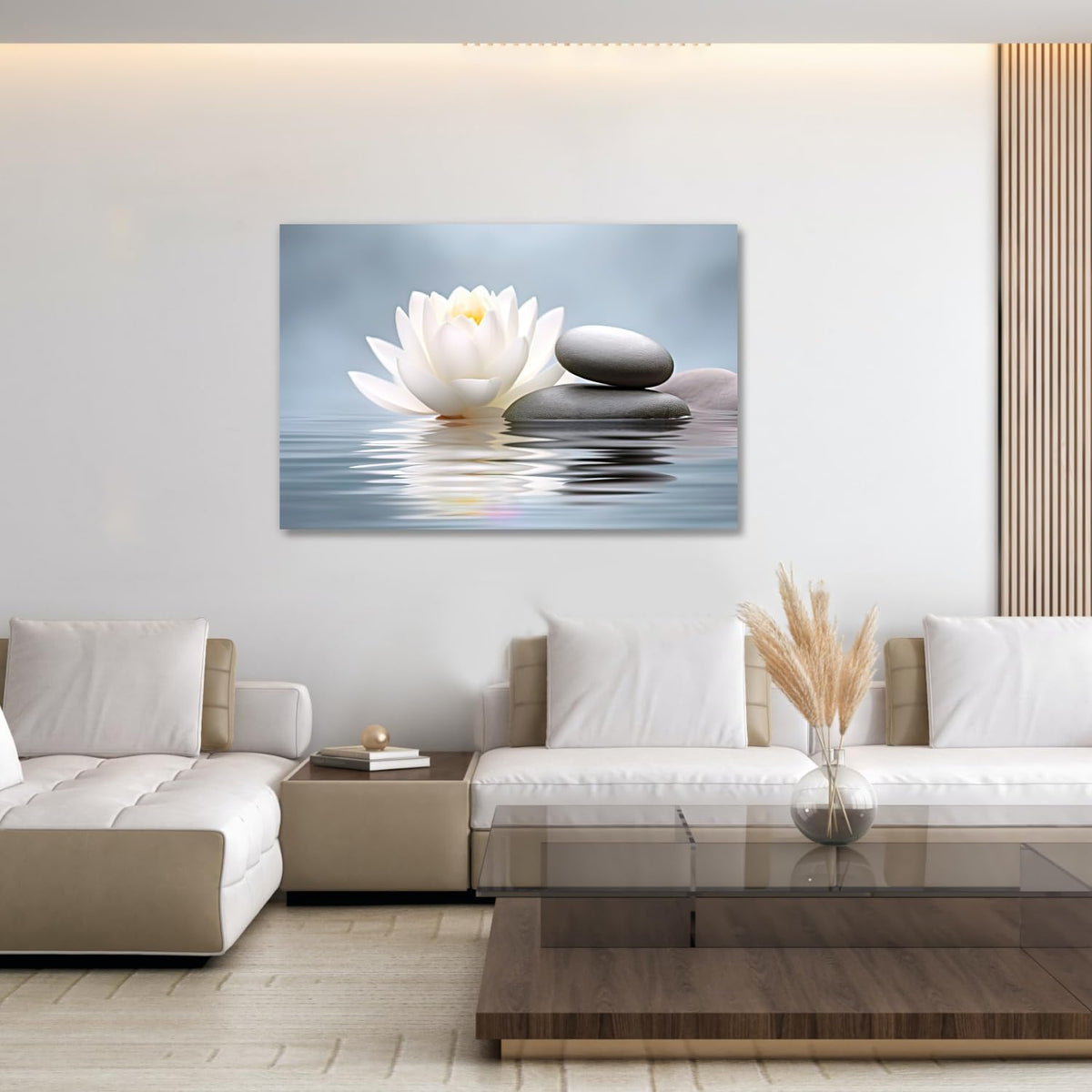 Zen Wall Art White Lotus Canvas Print Wall Decor Spa Massage Stones Picture Relax Calm Modern Meditation Painting Artwork for Yoga Spiritual Room Office Home Decor Framed (30"L x 20"W / Q - Blue)