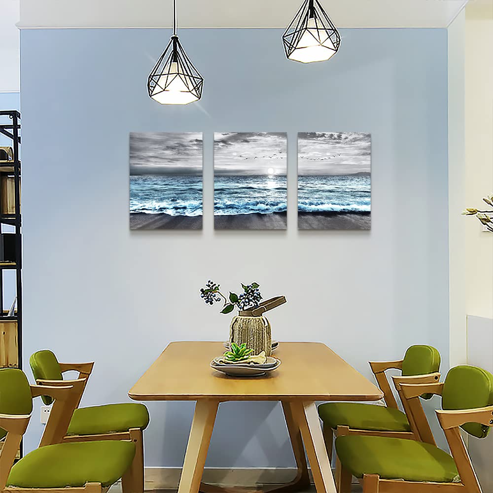 Framed Canvas Wall Art (16x24 inches (Set of 3 Panels) / Blue Ocean Beach)