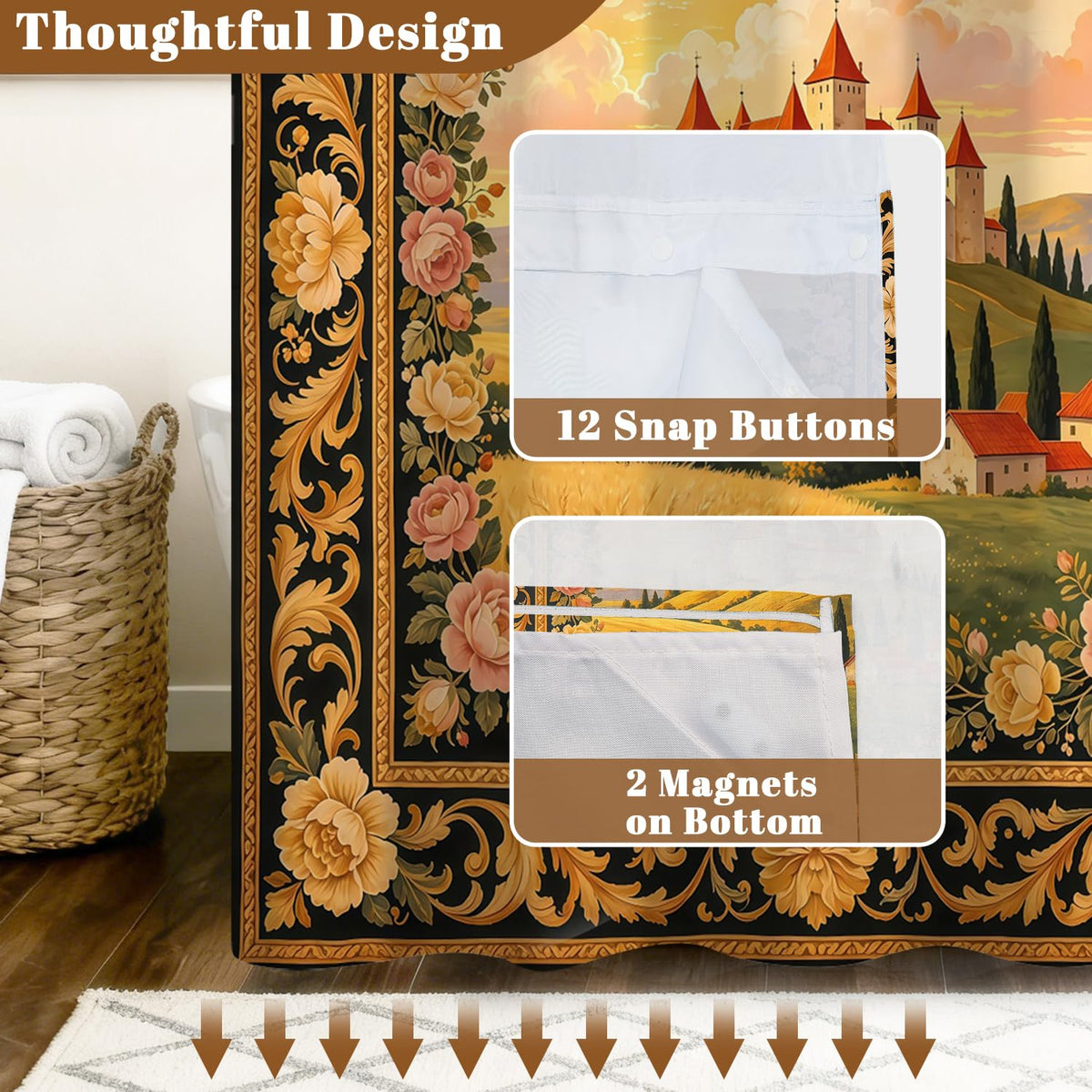 Castle Landscape Print Shower Curtain with Snap in Removable Liner (Castle)