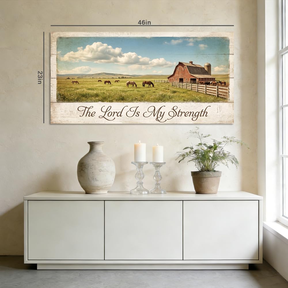 Rustic Countryside Horse Pasture Canvas Wall Art Red Barn Landscape Painting The Lord Is My Strength Christian Print Gallery Wrapped Farmhouse Nature Artwork for Living Room Bedroom Bathroom Decor (Abstract / White Barn Pasture 21 / 58"L x 28"W)