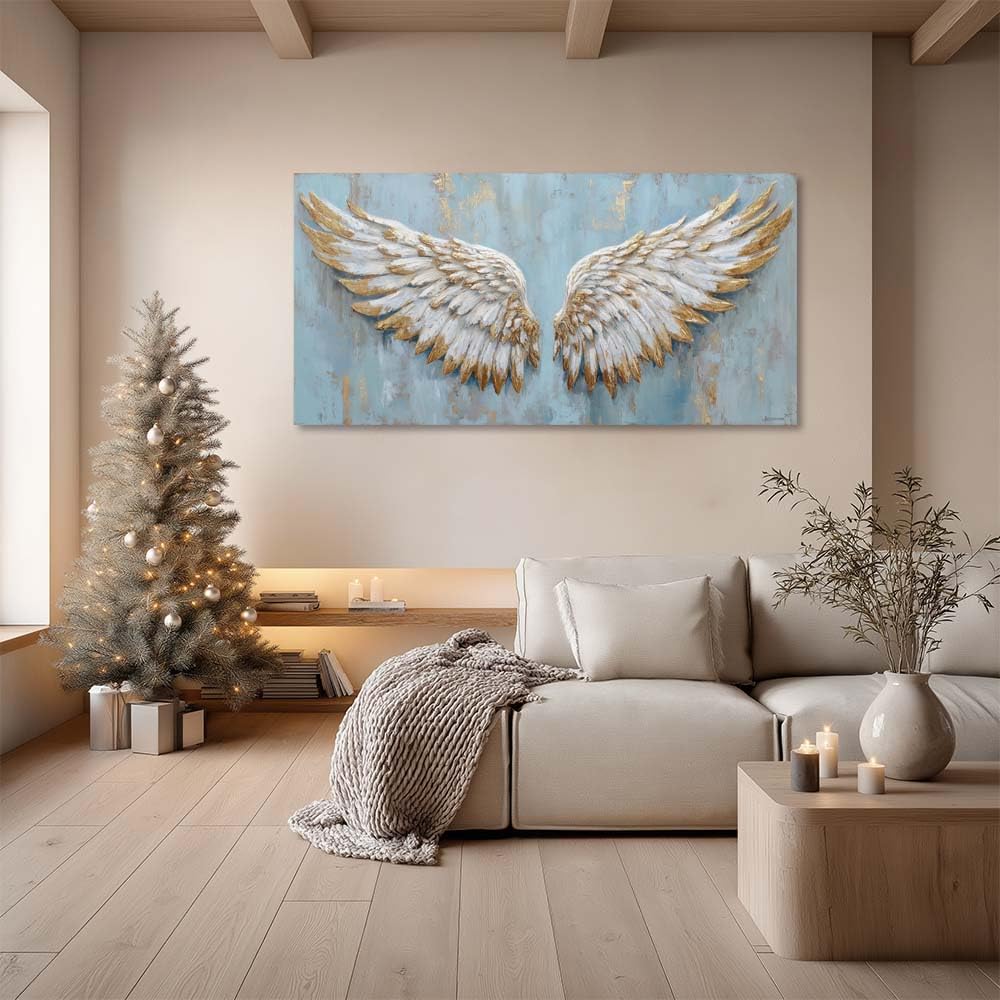 Angel Wings Canvas Wall Art Faux Gold Foil Light Blue Painting Flat Print Gallery Wrapped Spiritual Artwork for Living Room Bedroom Bathroom Decor (Retro / Angel Wings 32 / 40"L x 20"W)