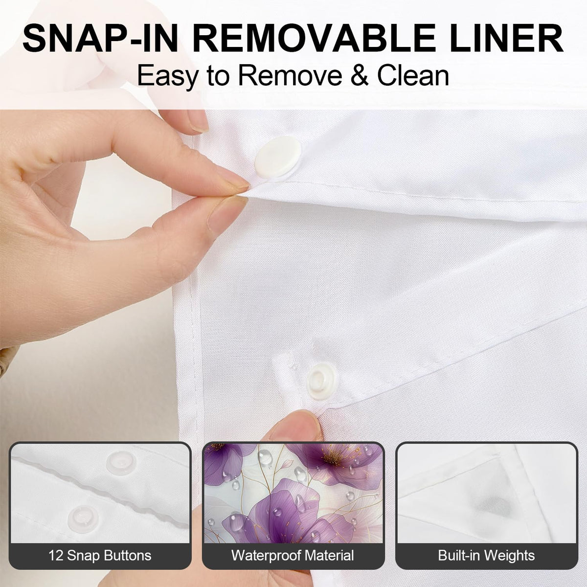 No Hook Flower Shower Curtain with Snap in Liner Set Purple Floral Shower Curtains Modern Arch Pattern Waterproof Fabric Machine Washable Bathroom Hotel Decorative 71x74 Inch (Purple2)