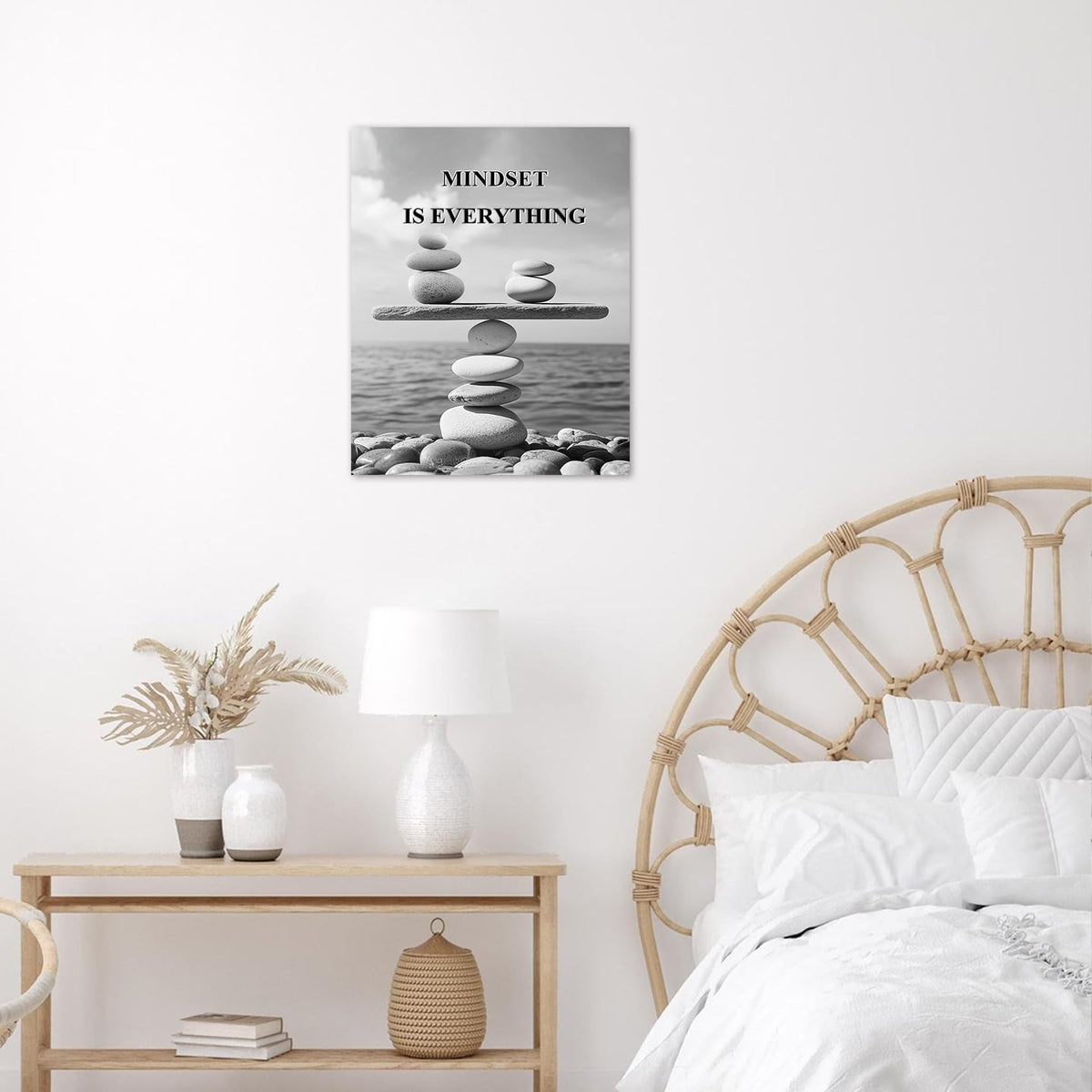 Mindset Motivational Wall Art Prints Zen Stone Inspirational Canvas Wall Art for Bathroom Bedroom Living Room Spiritual Black and White Canvas Paintings Spa Yoga Ofiice Wall Decor (16"L x 12"W / Grey)