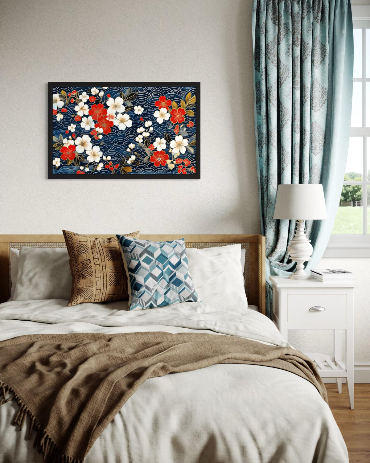 Japanese Flower Pattern Black Framed Wall Art Print Poster (Japanese Flower Pattern / 20"L x 16"W)