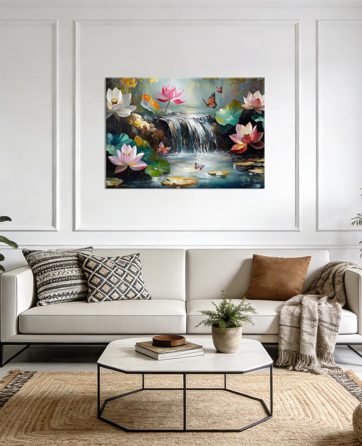 Large Lotus Wall Art Canvas Prints Flower Picture Water Lily with Butterfly Landscape Painting Zen Artwork Bathroom Living Room Decor Framed (48"L x 32"W / Green)