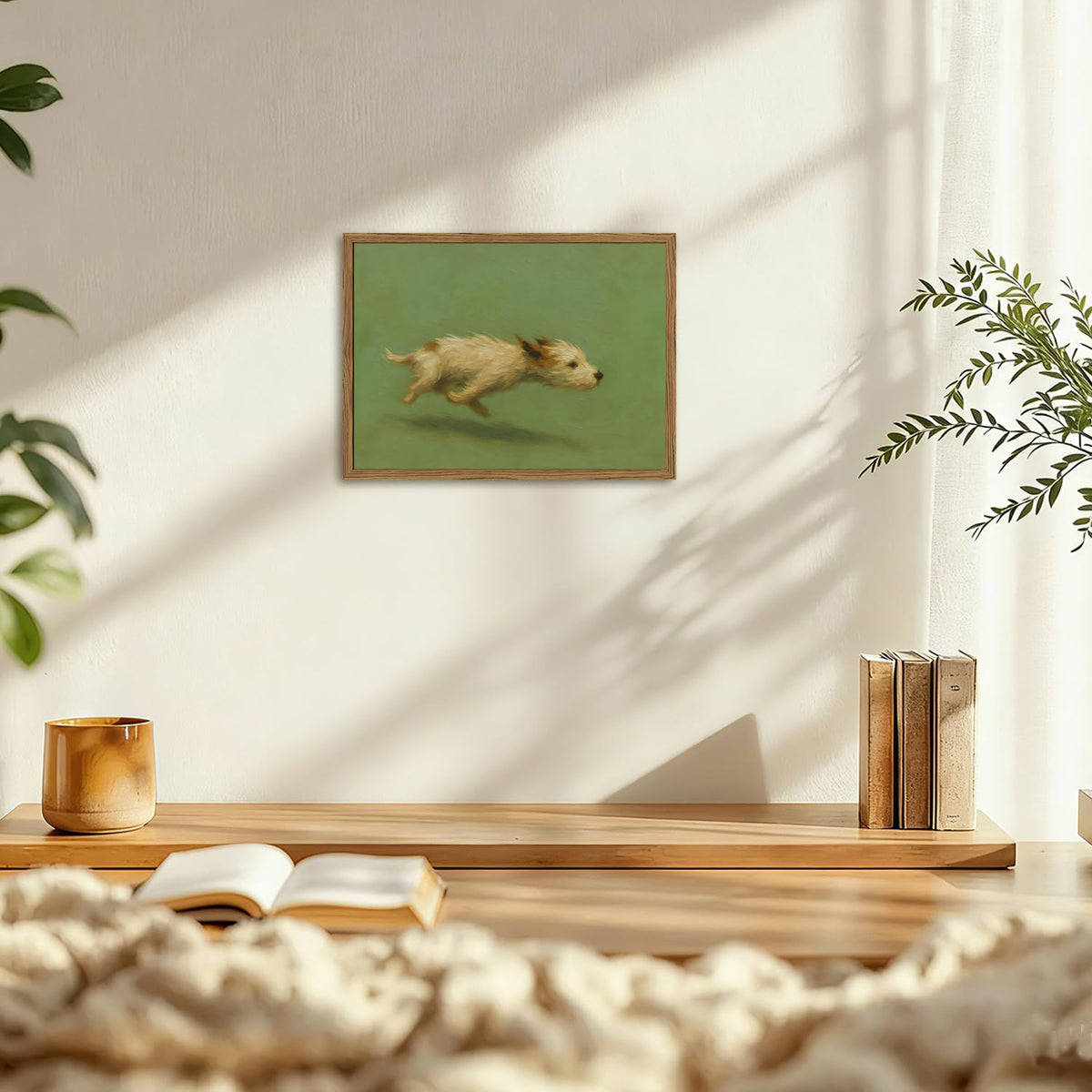 Funny Dog with Zoomies Wall Art Cute Terrier Dog Running Wall Decor Picture Vintage Animal Poster Canvas Painting Print Cute Pet Artwork for Living Room Bedroom 12x16 inch Wood Framed (Animal -Q / 16"L x 12"W)
