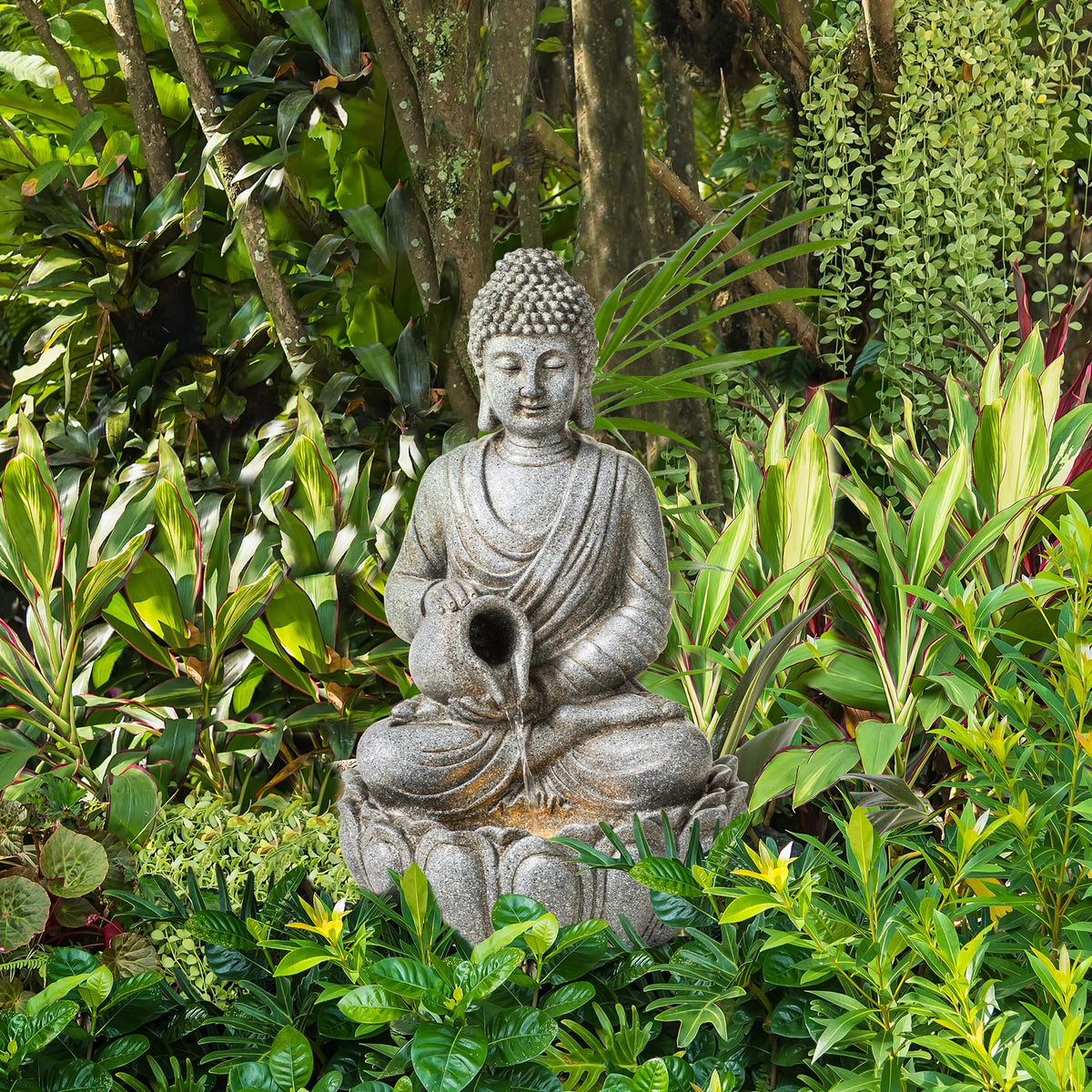 Buddha Fountain Outdoor 20.5" H (Concrete Buddha W/Lotus Basin / 20.5"H)