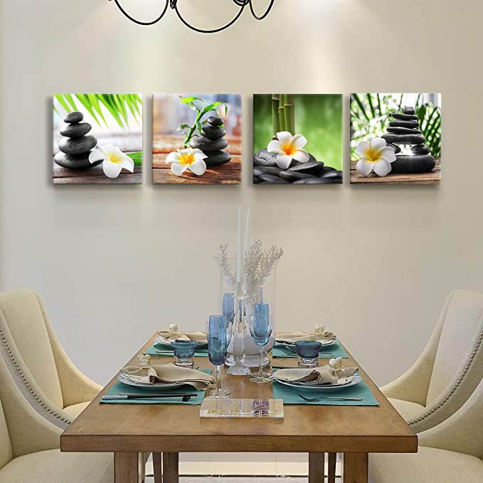 Zen Pictures Meditation Canvas Wall Art Spa Stone Green Room Decor White Frangipani Flower Poster Painting Zen Artwork for Bathroom Wall Décor Living Room Kitchen Decorations Framed Art (AzeJh3G / 12"x12"inches x 4 pcs)