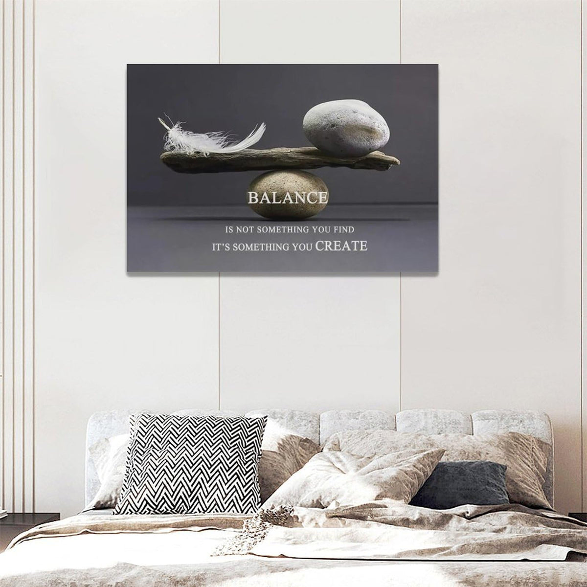 Zen Stone Wall Art Meditation Spiritual Wall Decor Inspirational Balance Feather Pictures Canvas Prints Framed Home Decorations Painting Artwork for Living Room Bedroom Office Bathroom 24"x16" (24"L x 16"W / Inspirational Quotes-Balance)