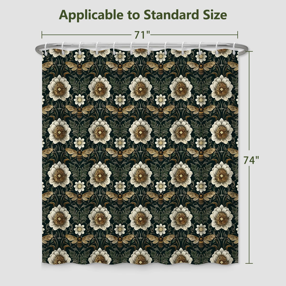 Botanical Shower Curtain with Hooks (Floral & Bees)