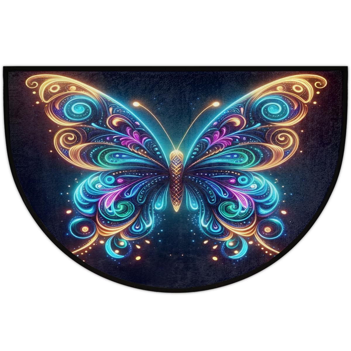 Half Round Doormat Glowing Animals Butterfly Semi Circle Rug Non Slip Indoor Outdoor Entrance Half Moon Rug Washable Front Floor Mat for Kitchen Bathroom Patio Fireplace Holiday Decor (B06:blue Butterfly)
