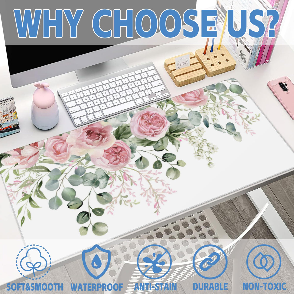 Desk Mat Peony Flowers and Eucalyptus Leaves Large Gaming Mouse Pad for Desk XXL (15.7" x 35.4" / Peony Flowers and Eucalyptus Leaves)