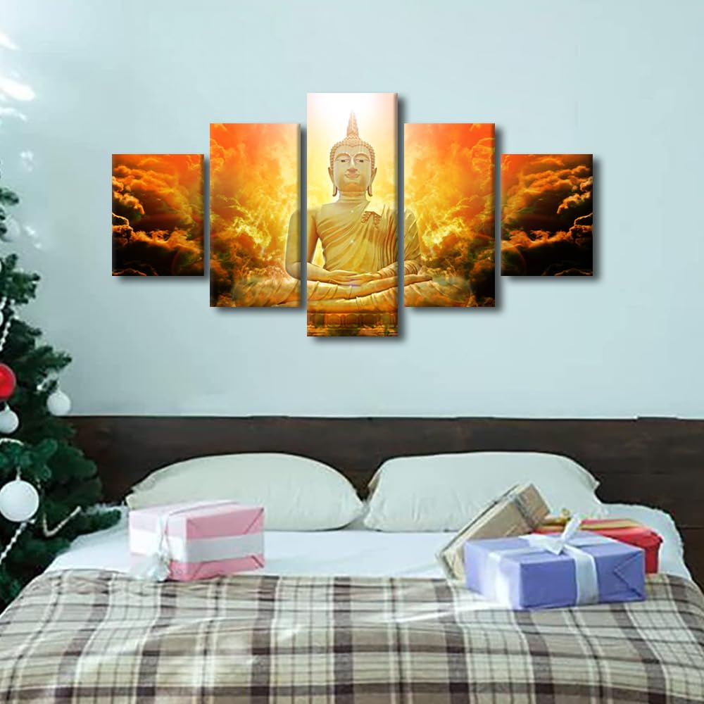 Golden Buddha Canvas Wall Art 5 Panel Bedroom Decor Modern Buddha Sculpture Canvas Poster Prints on Canvas Golden Buddha Heaven Cloud Picture for Office Wall Decor Stretched Ready to Hang 60x32 in (60x32 in / 5PANEL-02)