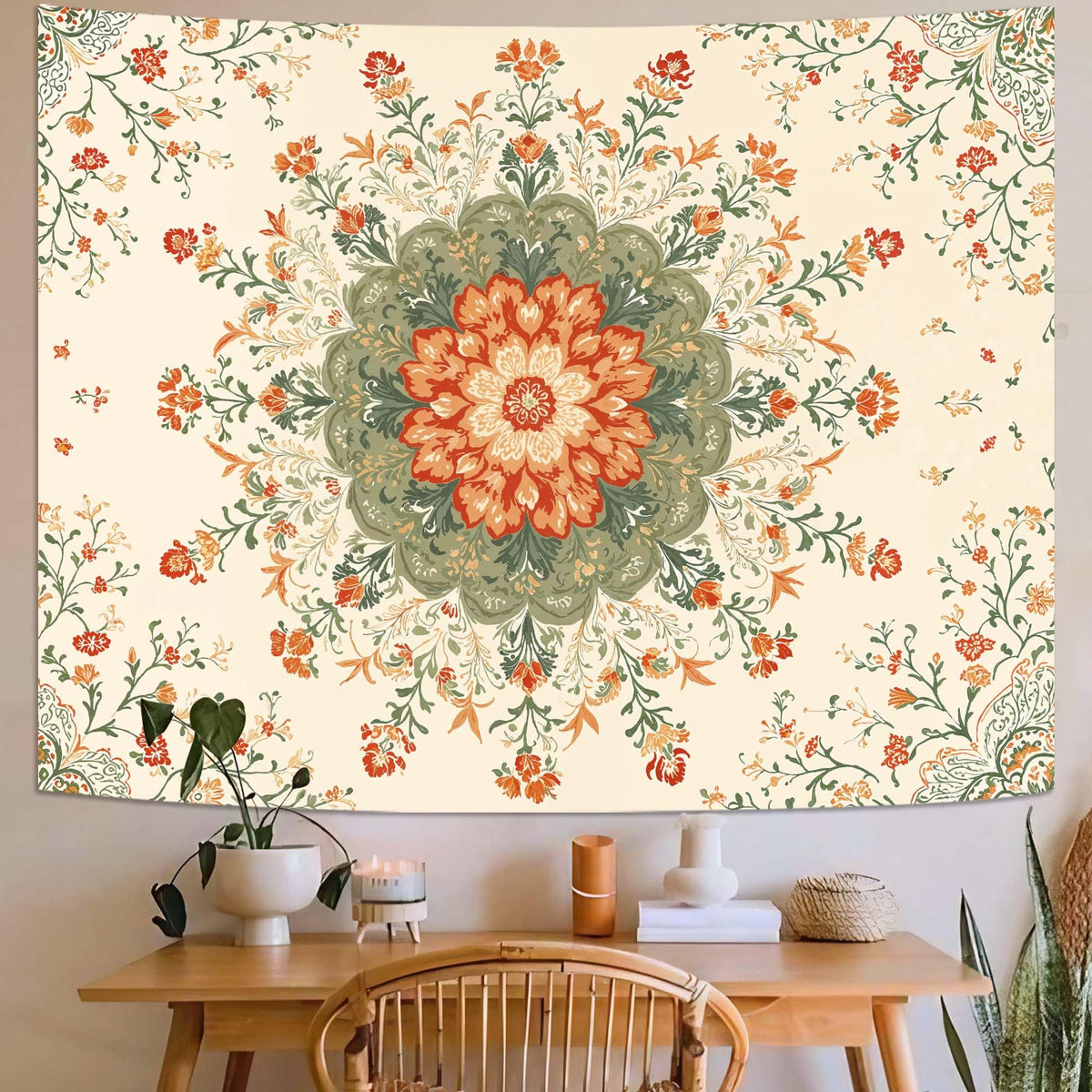 Mandala Floral Tapestry (90"L x 70"W / Ivory Orange)