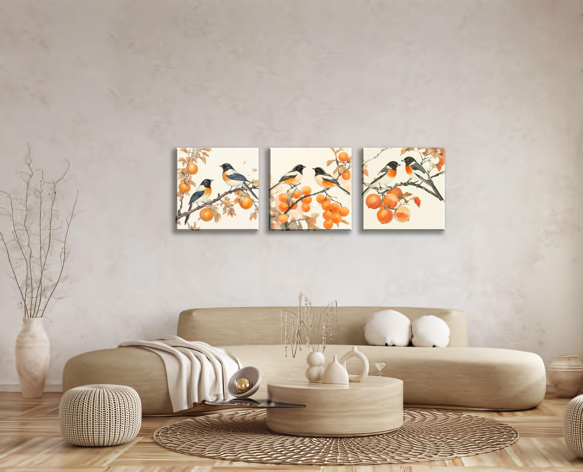 3PCS Vintage Style Watercolor Birds Orange Fruits Canvas Wall Art Botanical Autum Natural Scene Artwork for Living Room Bedroom Office Calming Wildlife and Fruit Branch Framed Canvas Prints (Birds Orange Fruits / 20x20 inches (3 pieces))