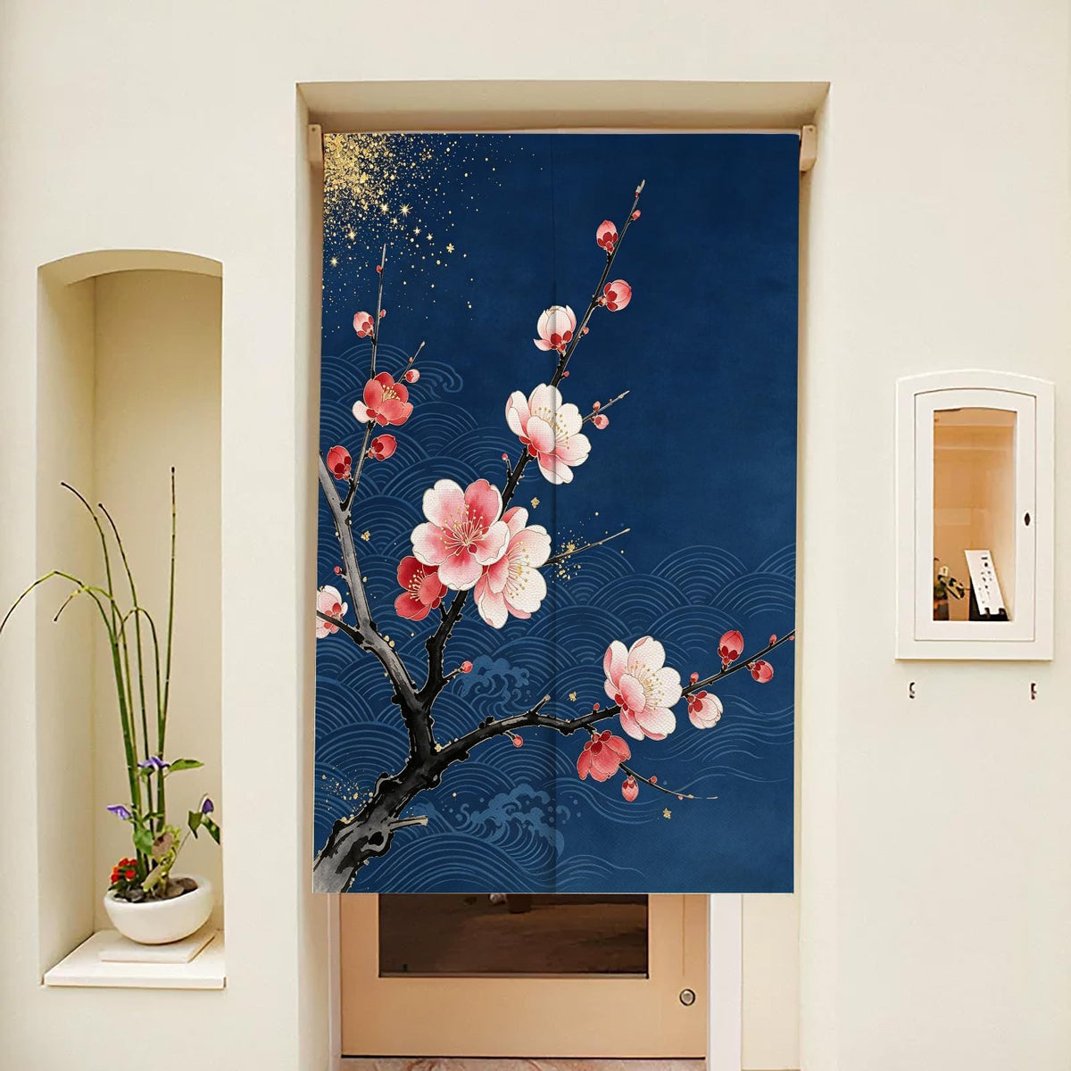 Japanese Noren Doorway Curtain Navy Blue Plum Blossom Wave 33.5x47.2in (Navy Blue / 33.5"W x 47.2"L (Pack of 1))