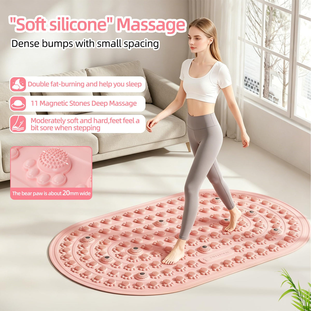 Reflexology Foot Massage Mat Acupressure Magnetic Walk Stone Pad Portable Foldable Feet Pressure Point Massager for Plantar Fasciitis Relief Home Office Pain Relief for Men Women (Pink)
