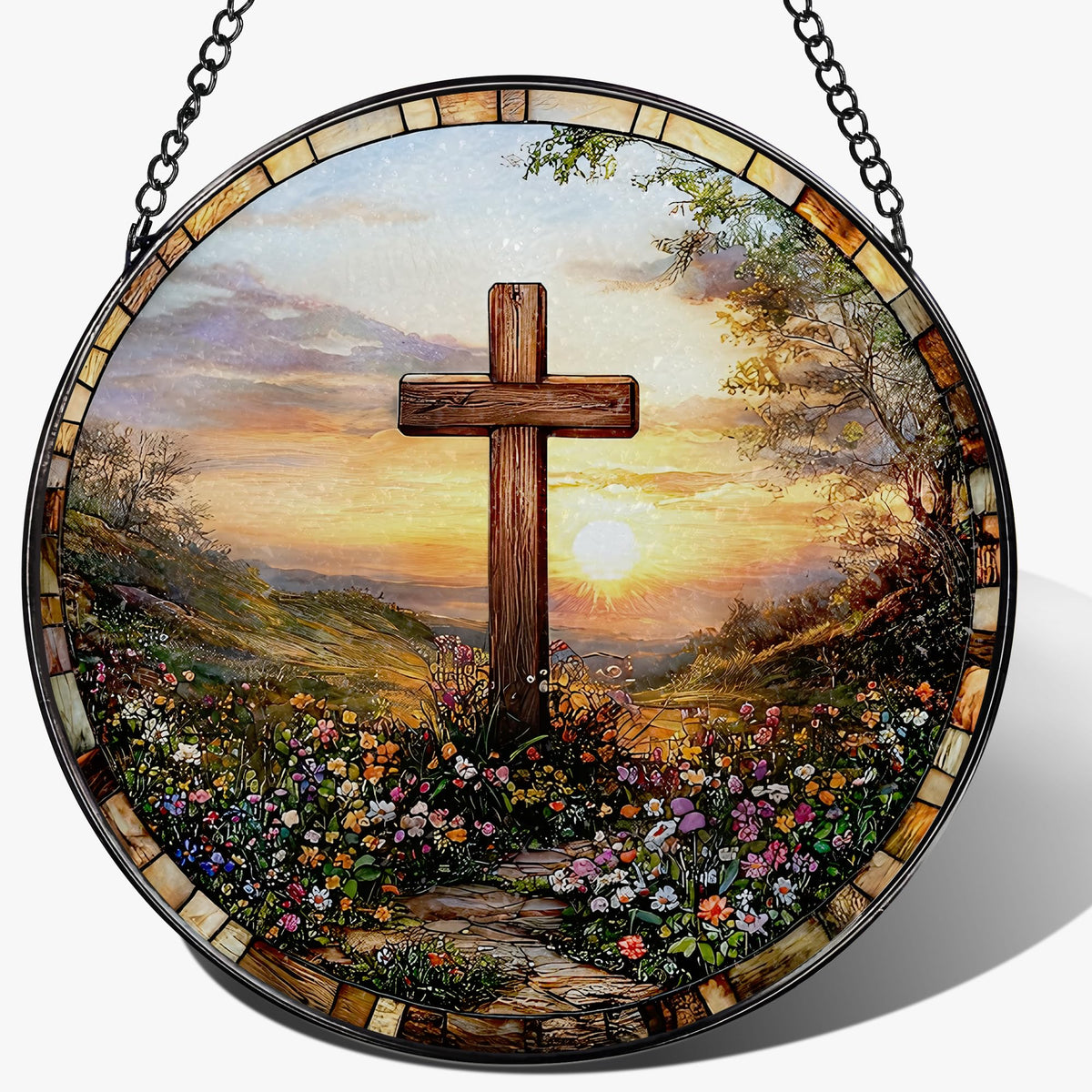 8 Inches Cross Sunset Stained Glass Suncatcher (Cross-a)