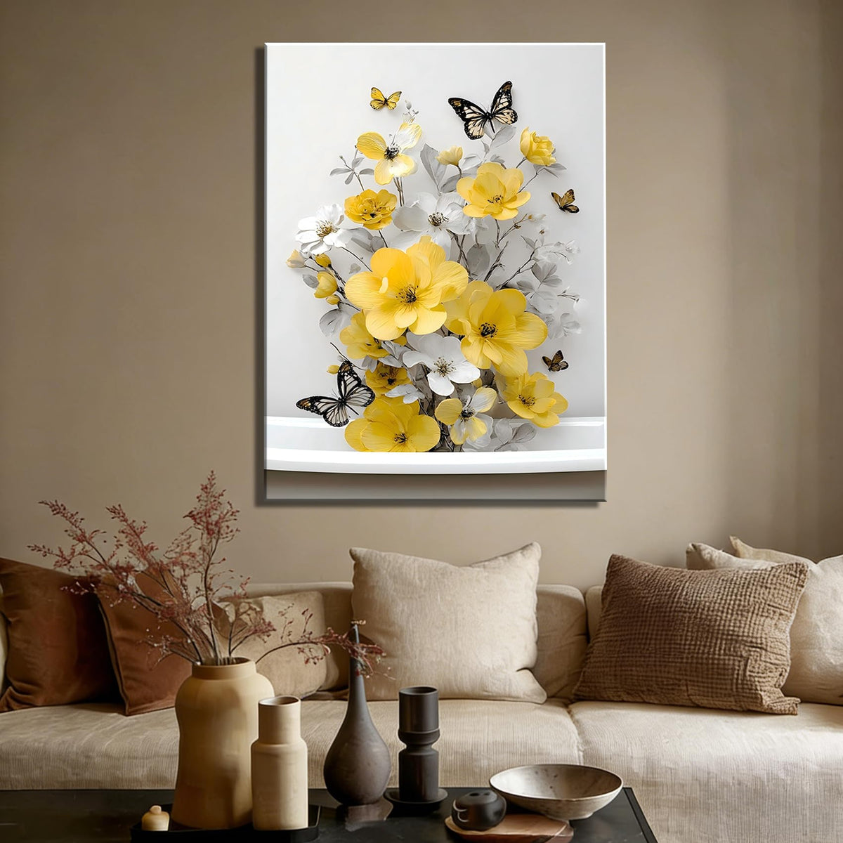 Framed Yellow Floral Canvas Wall Art for Bathroom Decor (Pictures18 / 12"L x 8"W)