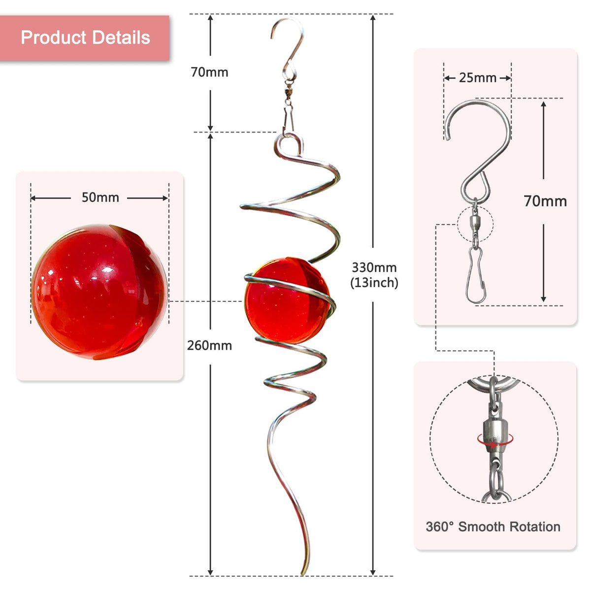 Gazing Ball Spiral Tail with Red Glass Orb (Red Glass Orb)
