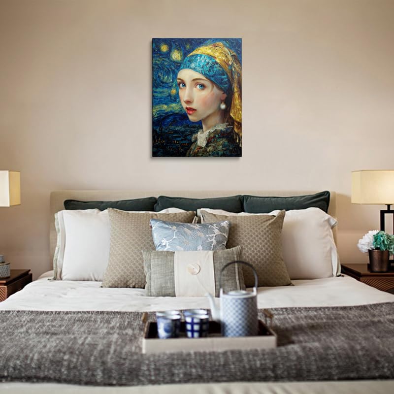 Van Gogh Starry Night Girl with Pearl Earring Canvas Wall Art Framed Painting Masterpiece Fusion Portrait Blue Gold Turban Swirling Background Wall Decor Artwork for Living Room Study 12x16 Inches (Starry Night Girl / 16"L x 12"W)