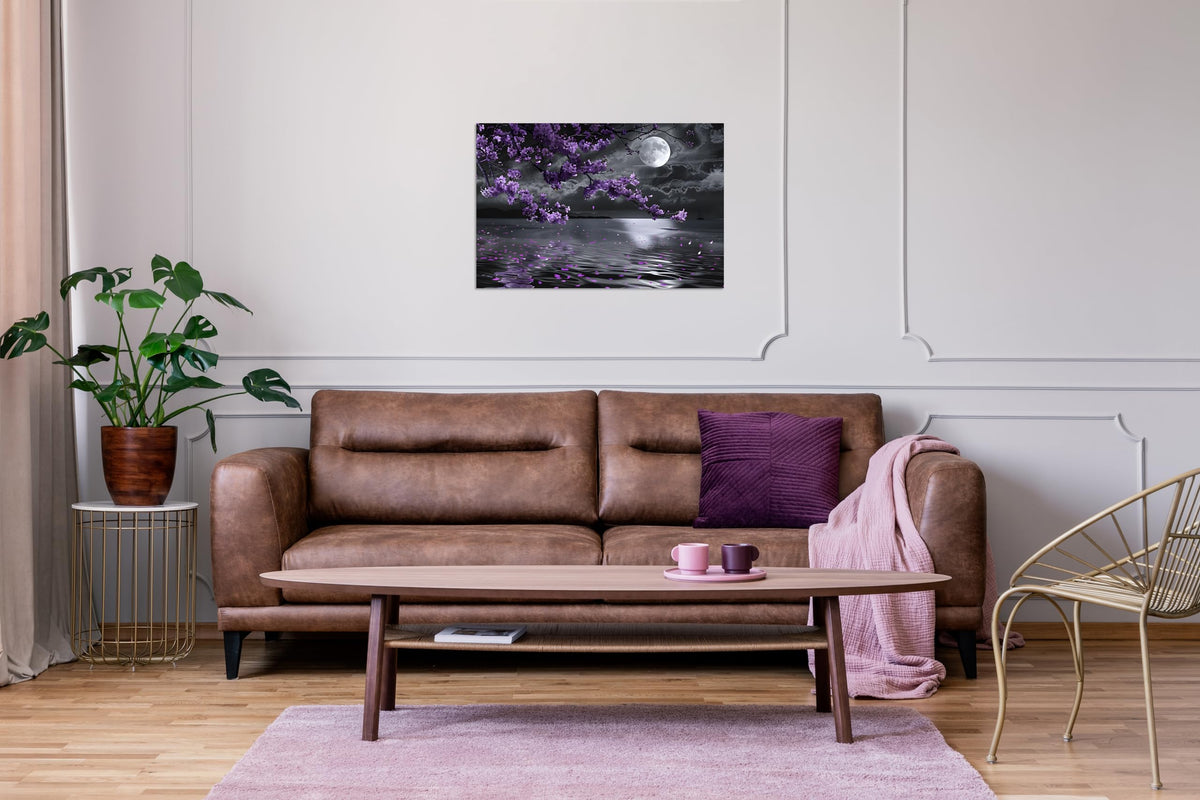 1 Pcs Purple Bedroom Pictures Wall Decor Purple Canvas Art Black and White Sea Night Full Moon Purple Flower Print on Canvas Purple Wall Picture for Room Decor Stretched and Framed 20x30 inch (30"L x 20"W / Purple Flower 10)