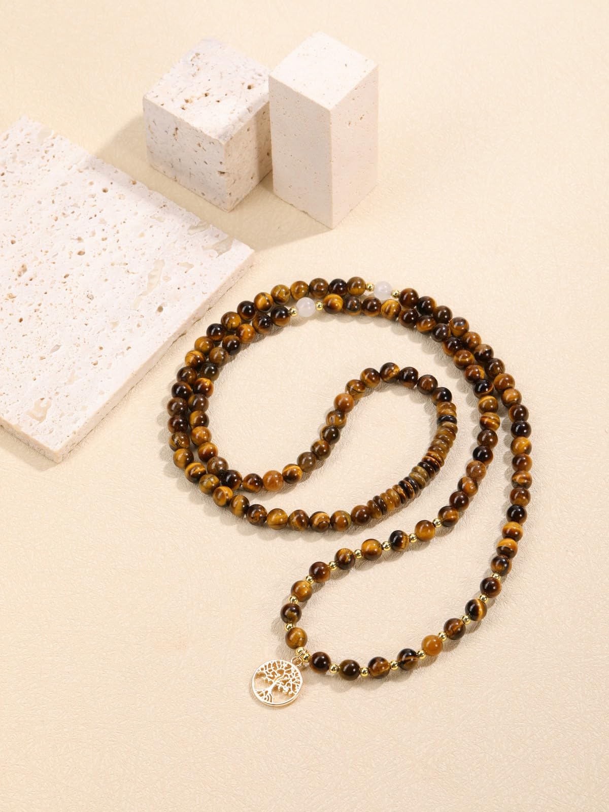Tiger Eye Prayer Beads Bracelet Long Beaded Necklace Natural Gemstone 108 Mala Beads Tree Life Yoga Meditation Bracelet Necklace (Tiger Eye Stone)