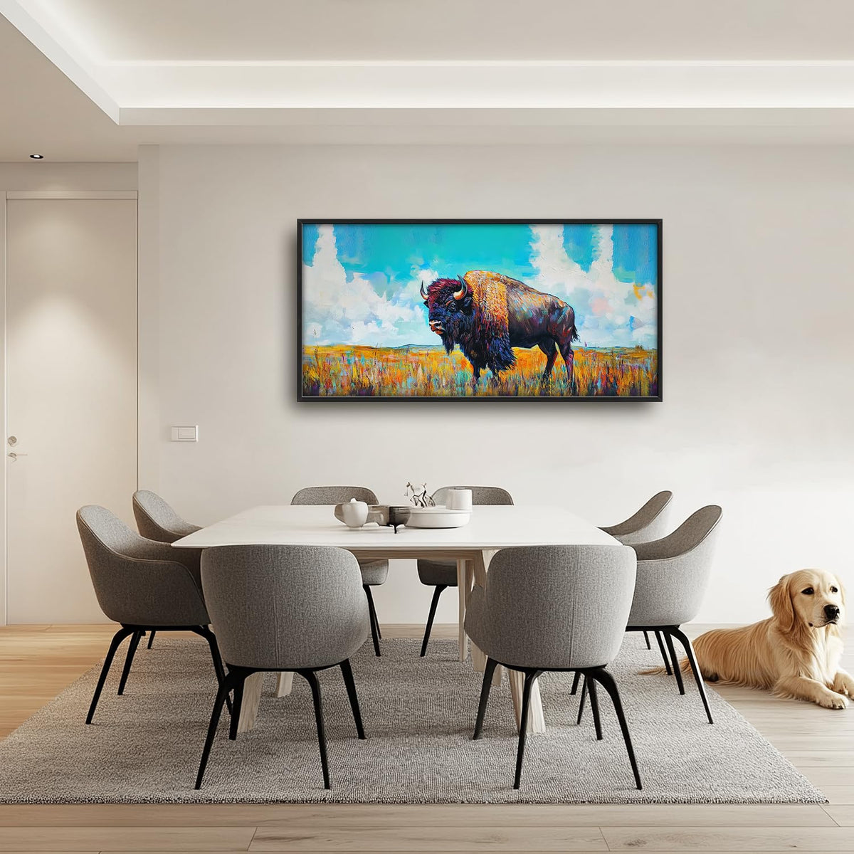 Extra Large Colorful Western Bison Framed Wall Art for Living Room (60"L x 30"W / Colorful Bison)