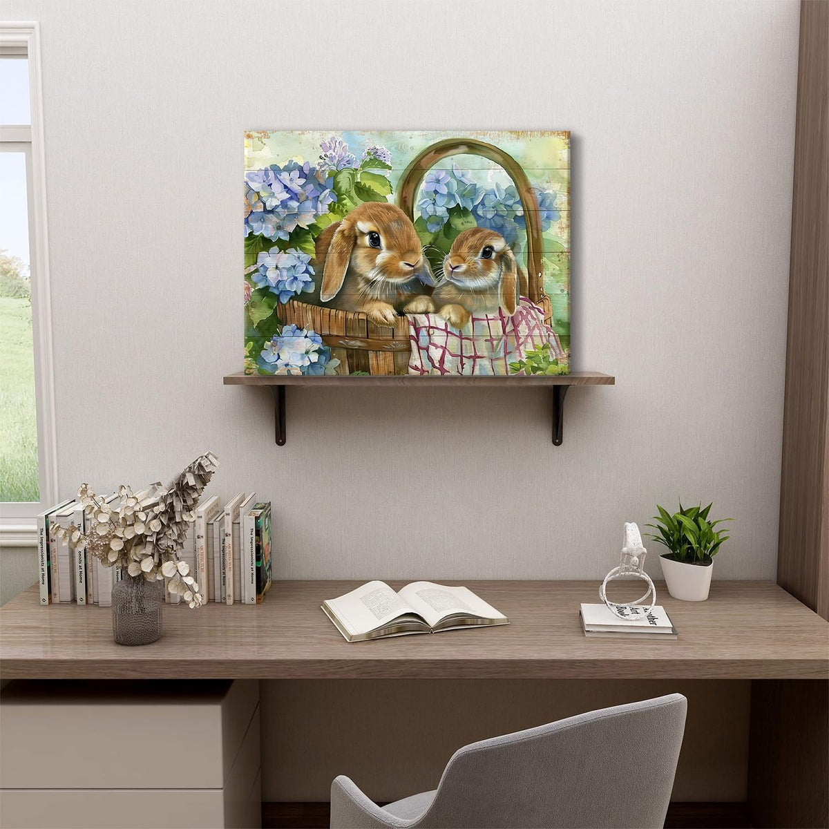 Bunny Wall Art Decor Cute Rabbits Flowers Canvas Prints Pictures for Kitchen Dining Room Decor Rustic Animals Floral Painting Vintage Farmhouse Easter Artwork for Bedroom Home Decorations 12x16" (16"L x 12"W / Rabbit)