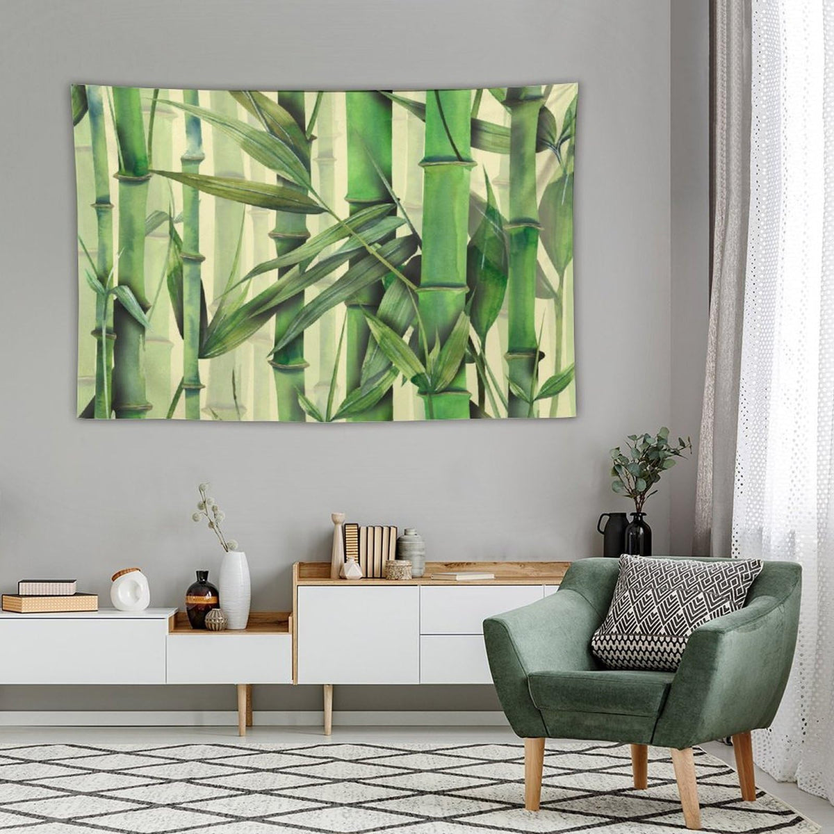 Nature Green Bamboo Print Tapestry Wall Hanging Asian Japanese Plant Rustic Stems Leaves Jungle Tapestries Home Decor for Living Room Bedroom Apartment Farmhouse Dorm 40"x60" (40"L x 60"W / Bamboo-2)
