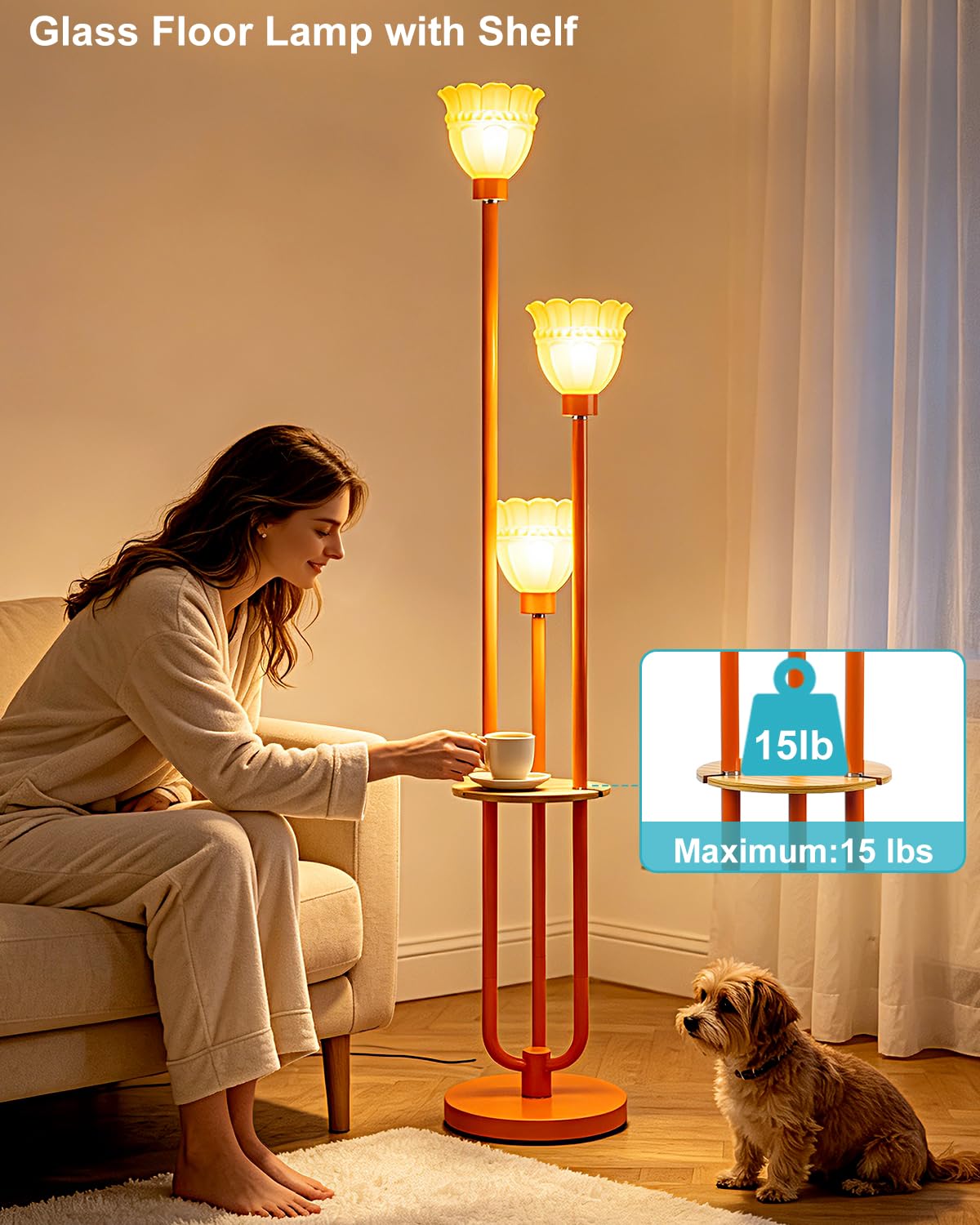 Dimmable Floor Lamps with Orange Glass Lampshade for Living Room (Orange-3UC1)