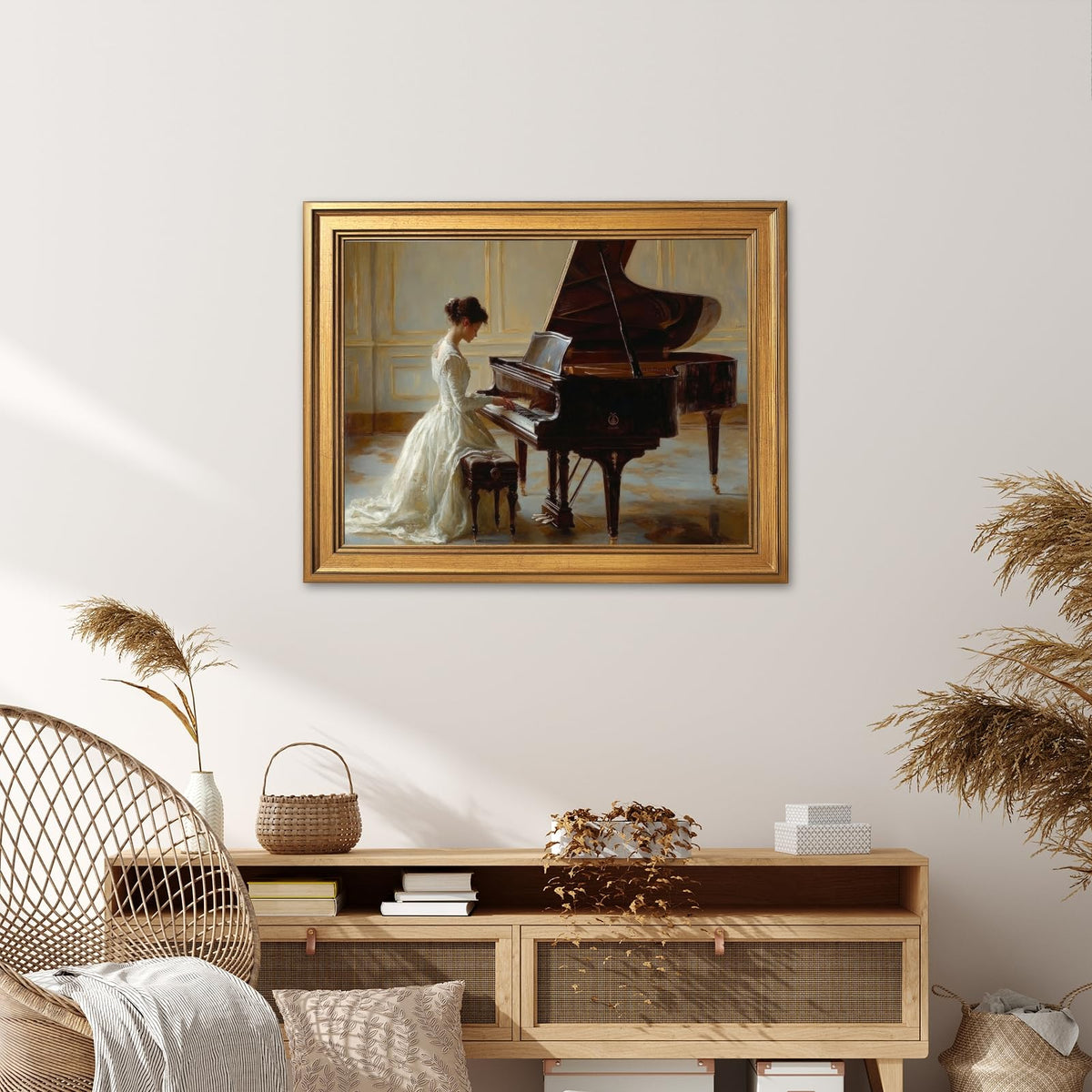 Vintage Victorian Serenade Oil Painting Wall Art Romantic Woman Playing Piano Canvas Prints Elegant Victorian Era Female Poster Classical Music Artwork for Bedroom Living Room 16x24inch Golden frame (16"L x 24"W / Style-3 Vintage Golden Frame)