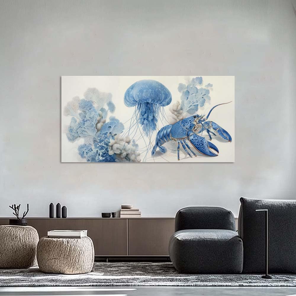 Blue Ocean Animal Canvas Wall Art Lobster Jellyfish Coastal Watercolor Painting Flat Print Gallery Wrapped Artwork for Living Room Bedroom Bathroom Decor (Retro / Blue Lobster and Jellyfish 29 / 40"L x 20"W)