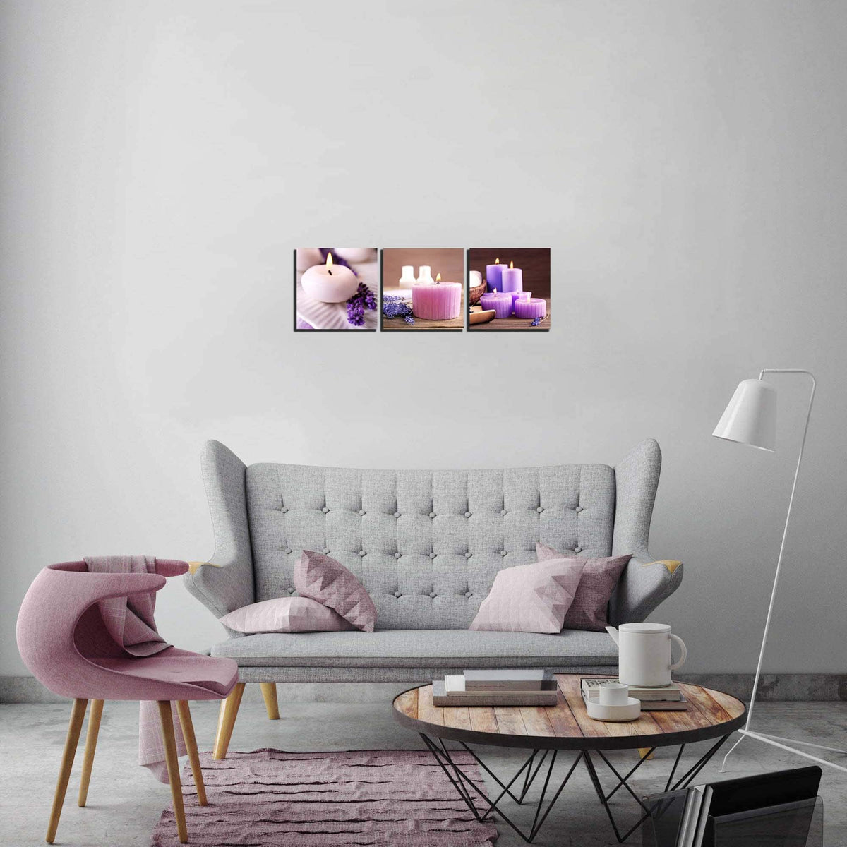 Zen Canvas Wall Art Spa Still Life With Purple Aromatherapy Candles And Zen Stone Aroma Lavender Flower Painting Pictures Print on Canvas Ready to Hang for Bathroom Decoration (16X16inchX3pcs / lavender candles)