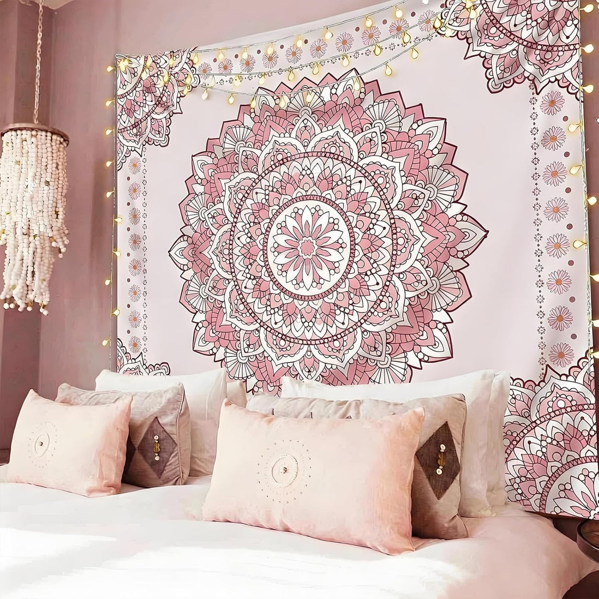Pink Mandala Tapestry for Bedroom Aesthetic (A Pink Mandala Tapestry / 90"L x 71"W)