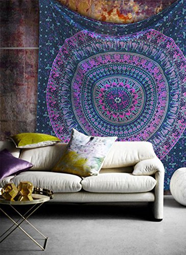 Tapestry Wall Hanging Hippie Mandala Bohemian Hippy Psychedelic Intricate Floral Design Indian Tapestries Bedspread 84 x 90 Inches (54"L x 84"W / Blue Pink)