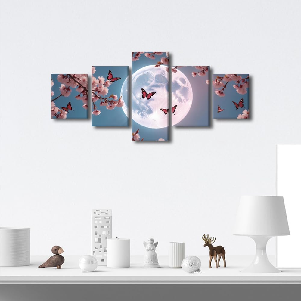 Canvas Wall Art Enchanting Moonlit Sakura Five Panel Framed Painting Japanese Spring Nightscape Decor Zen Garden Wall Art Spa Relaxation Decor Ready To Hang 50"Wx24"H‌ (50''Wx24''H / Artwork-09)