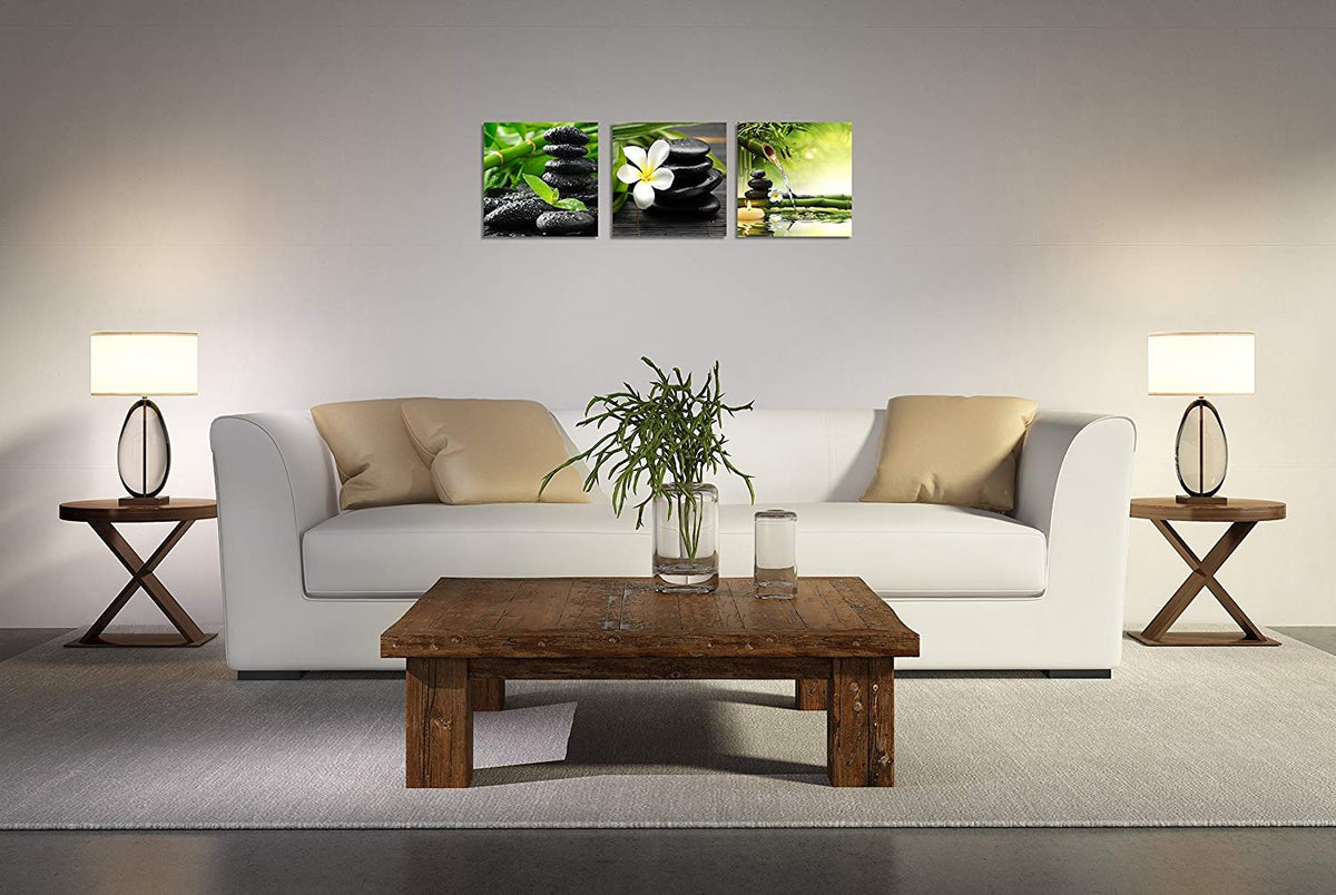 3 Panel Zen Canvas Wall Art Still Life SPA Stone Green Bamboo White Frangipani Flower Pictures Prints on Canvas for Home Office Kitchen Wall Decor Stretched and Framed Each Panel 12x12inch (12x12inchx3 / Still Life Spa Stone)