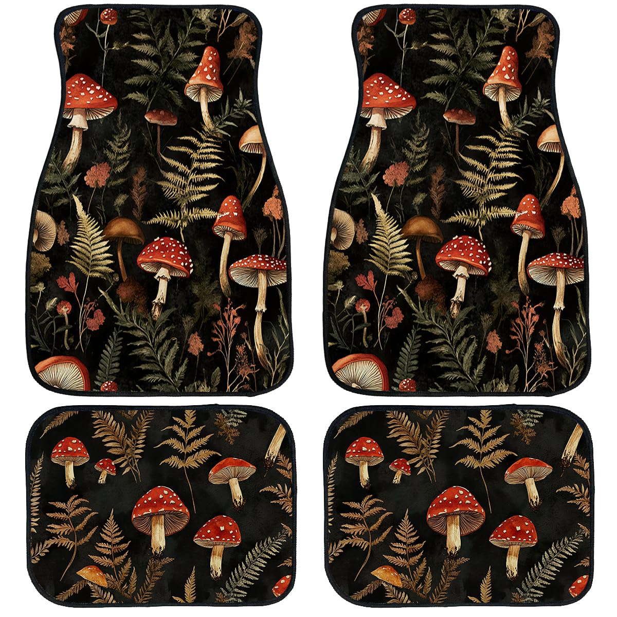 Mushroom Car Floor Mats Set of 4 Fern Dark Vintage Gothic Watercolor Carpet Front Rear Carpets Mat Non (26.8"L x 17.3"W x 0.4"Th / Mushroom)