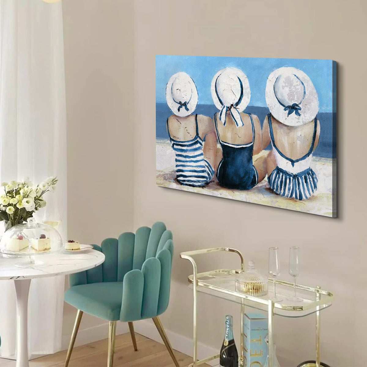Vintage Beach Wall Art Coastal Bathroom Decor for Girl Navy Blue and White Tropical Ocean Seascape Canvas Prints Picture Retro Swimsuit Woman Nautical Artwork for Living Room Bedroom Decoration 24x36" (36"L x 24"W / Beach Girls)