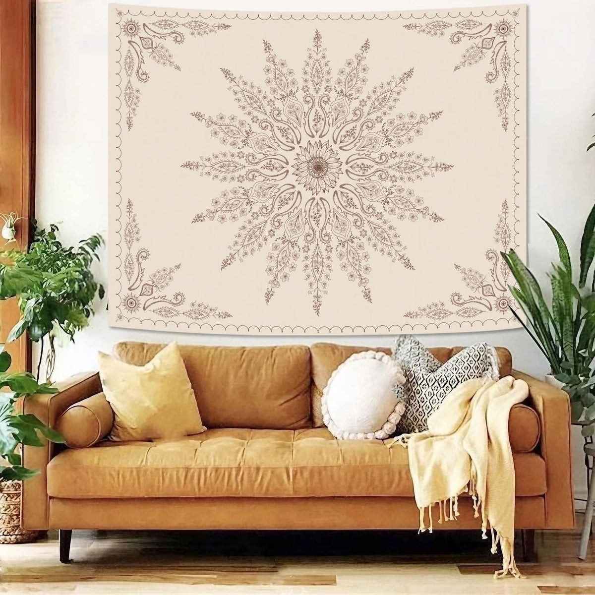 Boho Floral Mandala Tapestry for Bedroom Aesthetic Bohemian Flower Wall Tapestry Beige Hippie Indian Large Tapestries Wall Hanging for Living Room Dorm Decor 80 x 60 Inch (Light Beige / 80"L x 60"W)