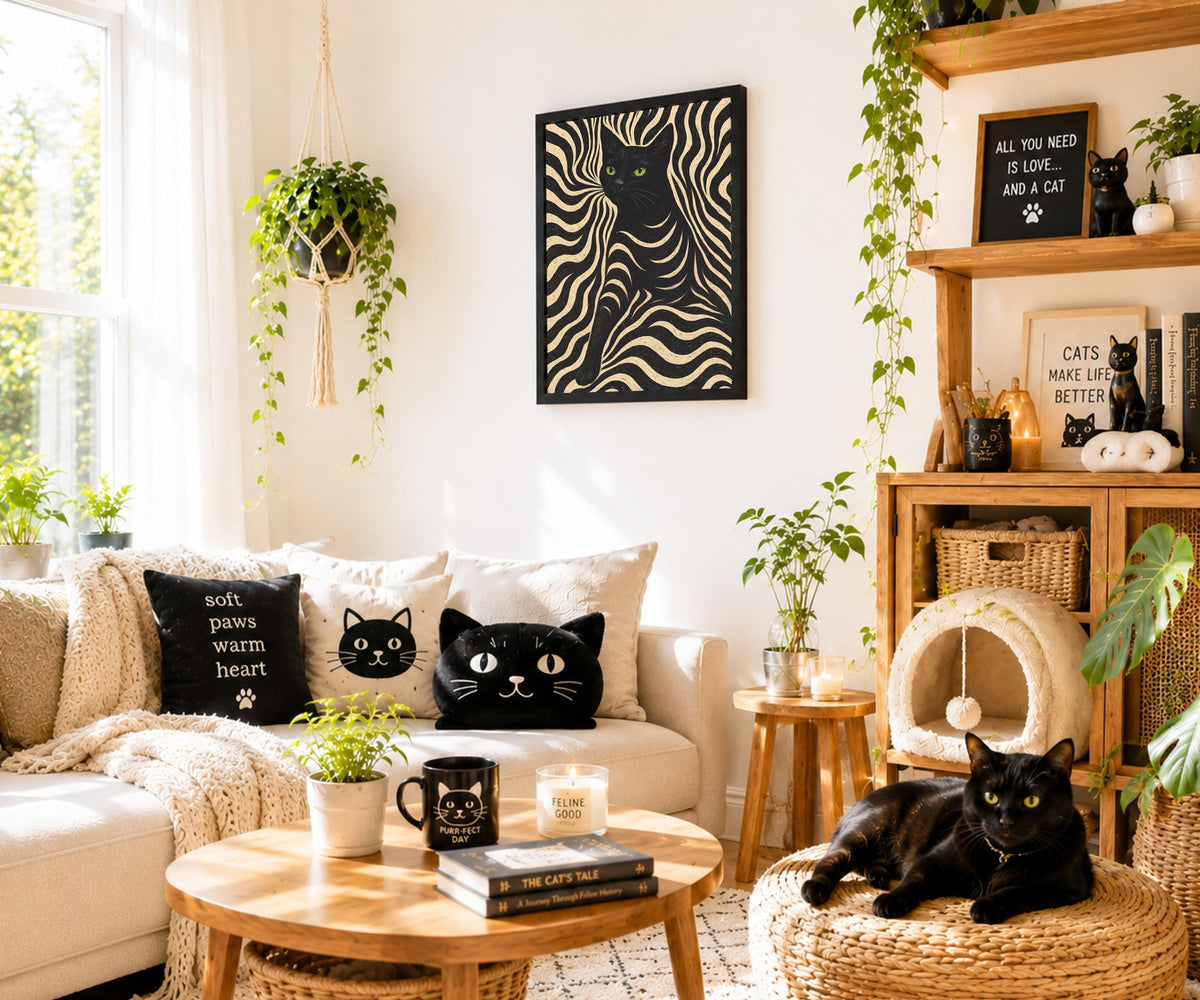 Framed Black Cat Wall Art Zebra Pattern Poster (Black And Cream / 8"L x 10"W)